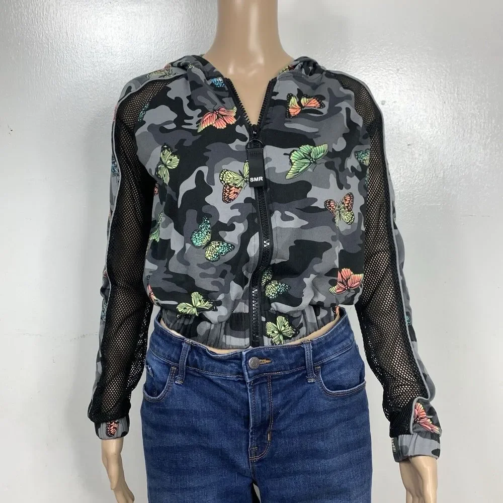 Sommer Ray Hoodie Womens Small Gray Camo & Butterflies Full Zipper Net Sleeves - Picture 1 of 13